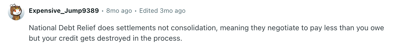Reddit discussion explaining that National Debt Relief is a debt settlement program, not traditional debt consolidation