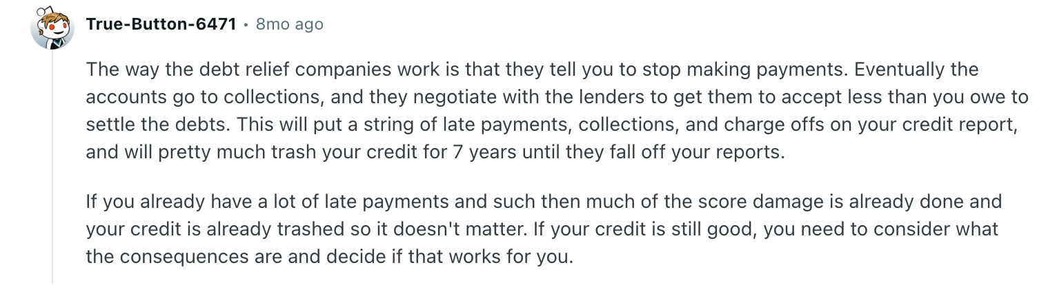 Reddit comment describing a customer experience with National Debt Relief, including settlement progress and credit rebuilding
