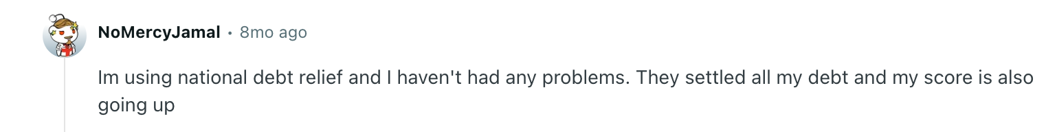 Reddit comment describing a National Debt Relief customer support experience, including clear explanations, no pressure, and budget-based help